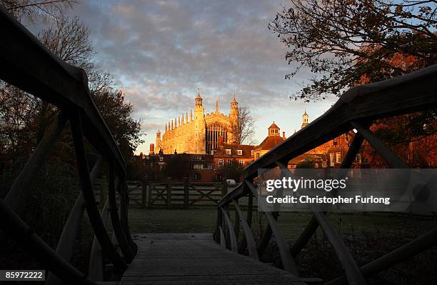 General view of Eton College bathed in evening light with College Chapel prominent on November 15, 2007 in Eton, England. An icon amongst private...