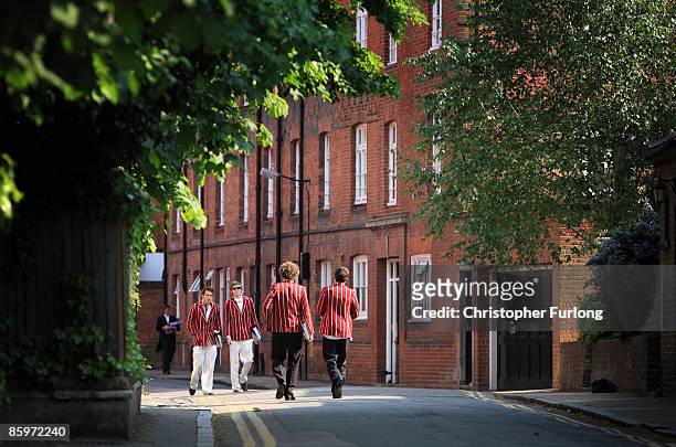Senior boys wearing their games blazers walk along Common lane at Eton College on May 21, 2008 in Eton, England. An icon amongst private schools,...