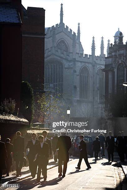 Evening sun casts shadows over the façade of Eton College as boys make their way back to their houses on November 15, 2007 in Eton, England. An icon...