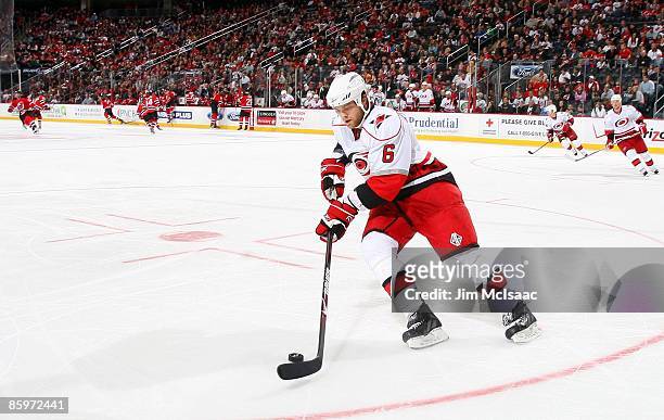 Tim Gleason of the Carolina Hurricanes skates against the New Jersey Devils at the Prudential Center on April 11, 2009 in Newark, New Jersey. The...