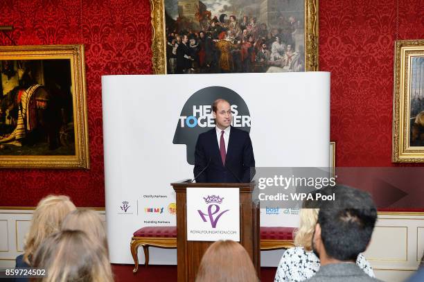 Prince William, Duke of Cambridge speaks at a reception on World Mental Health Day to celebrate the impact of the Heads Together Charity at St...