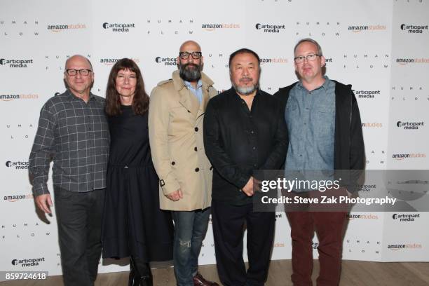 Bob Berney, Diane Weyermann, Jason Ropell, Ai Weiwei, and Ted Hope attend the 'Human Flow' New York screening at the Whitby Hotel on October 9, 2017...