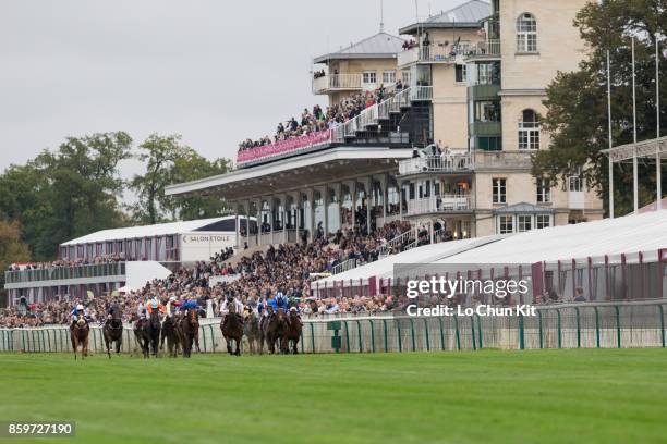 Jockeys compete the Race 6 Prix de l'Abbaye de Longchamp during the Qatar Prix de l'Arc de Triomphe Race Day on October 1, 2017 in Chantilly, France.