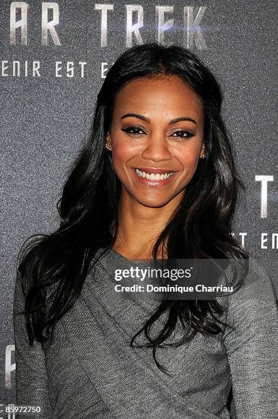 Actress Zoe Saldana attends the Star Trek press conference at Hotel Park Hyatt on April 14, 2009 in Paris, France.