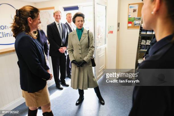 Princess Anne, Princess Royal, meets members of staff during a visit to the Hambleton Equine Clinic on October 10, 2017 in Stokesley, England. The...