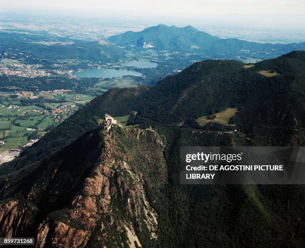 The religious complex Sacra di San Michele on Mount Pirchiriano, Avigliana Lakes and Susa Valley in the background, Sant'Ambrogio di Torino,...