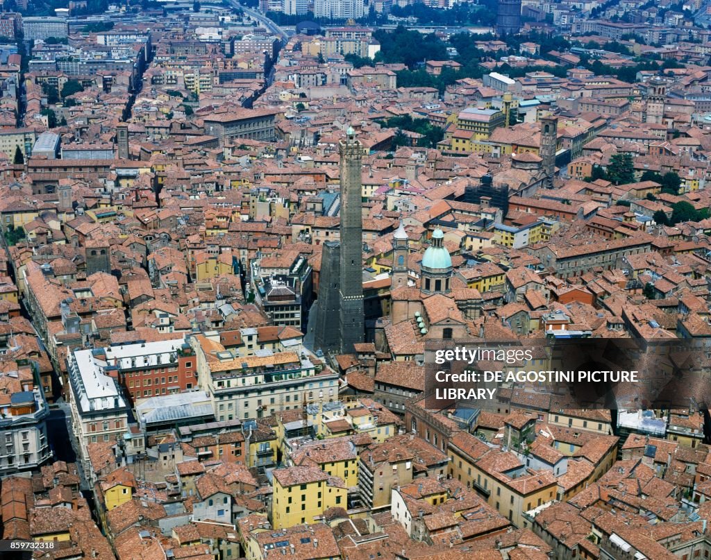 Center of Bologna with Asinelli tower and Garisenda tower seen from above, Emilia-Romagna, Italy