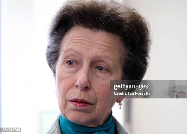 Princess Anne, Princess Royal, visits the Hambleton Equine Clinic on October 10, 2017 in Stokesley, England. The facility is the only purpose built...