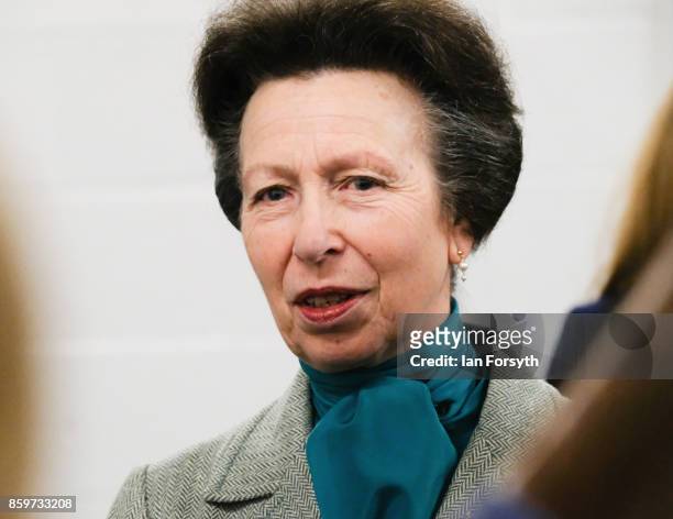 Princess Anne, Princess Royal, visits the Hambleton Equine Clinic on October 10, 2017 in Stokesley, England. The facility is the only purpose built...