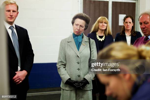 Princess Anne, Princess Royal, observes a horse gastroscopy taking place as she visits the Hambleton Equine Clinic on October 10, 2017 in Stokesley,...