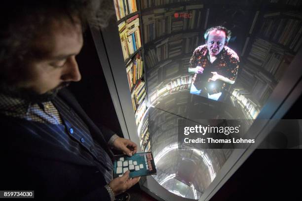 The multimedia-installation 'L.I.R' with the hologram of the lector Adolfo Bioycasares pictured in the French host country exhibition of the 2017...