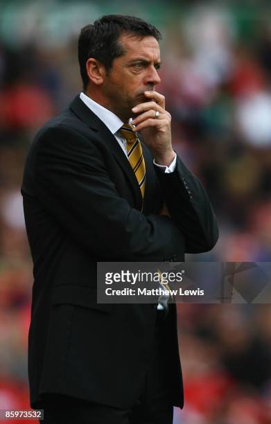 Phil Brown, manager of Hull City looks on during the Barclays Premier League match between Middlesbrough and Hull City at the Riverside Stadium on...