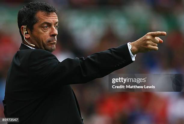 Phil Brown, manager of Hull Citygives out instructions during the Barclays Premier League match between Middlesbrough and Hull City at the Riverside...