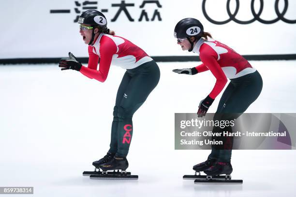 Marianne St Gelais of Canada celebrate after the Ladies 500m final A race during the Audi ISU World Cup Short Track Speed Skating at Optisport...