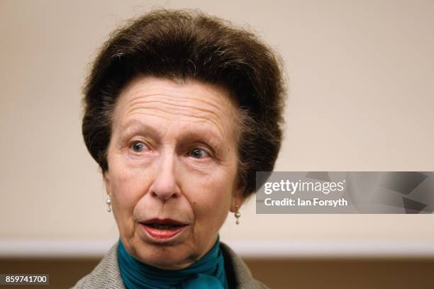 Princess Anne, Princess Royal, visits the Hambleton Equine Clinic on October 10, 2017 in Stokesley, England. The facility is the only purpose built...