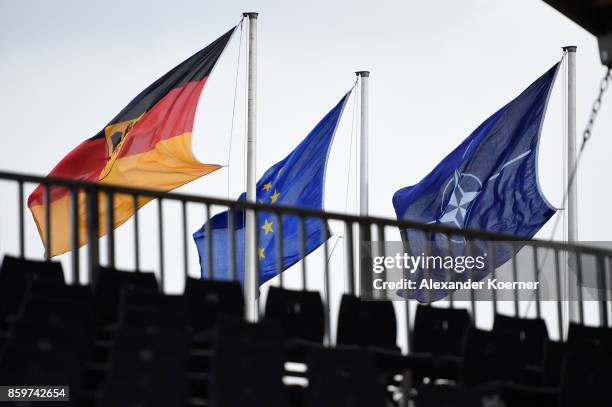 The Flags of Germany, the European Union and the NATO hang during a military exercise on October 10, 20187 near Munster, Germany. Today's exercises,...