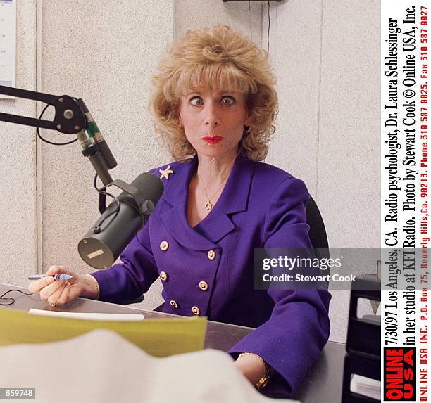 Los Angeles, CA. Radio psychologist, Dr. Laura Schlessinger in her studio at KFI Radio station.