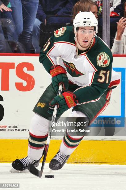 Forward James Sheppard of the Minnesota Wild skates with the puck against the Columbus Blue Jackets on April 11, 2009 at Nationwide Arena in...