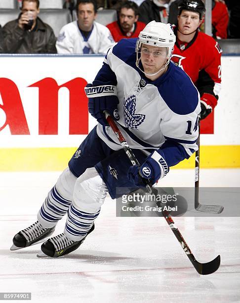 Matt Stajan of the Toronto Maple Leafs skates during game action against the Ottawa Senators on April 11, 2009 at the Air Canada Centre in Toronto,...