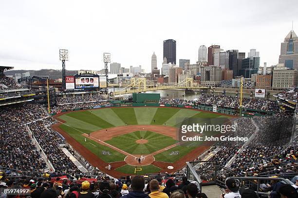General view of PNC Park, with a sellout crowd of 38,411 fans braving the weather during the game against the Houston Astros on April 13, 2009 at PNC...