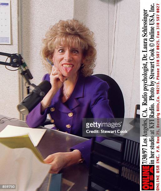 Los Angeles, CA. Radio psychologist, Dr. Laura Schlessinger in her studio at KFI Radio station.