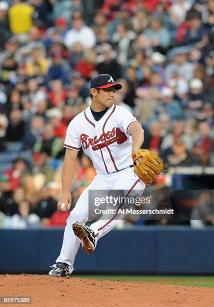 Pitcher Kenshin Kawakami of the Atlanta Braves pitches against the Washington Nationals on April 11, 2009 at Turner Field in Atlanta, Georgia.