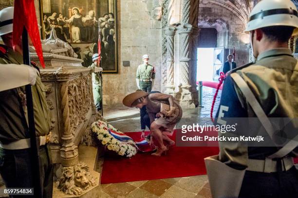 King Willem-Alexander of The Netherlands and Queen Maxima of The Netherlands lay down a wreath at the tomb of poet Luis Vaz de Camoes followed by a...