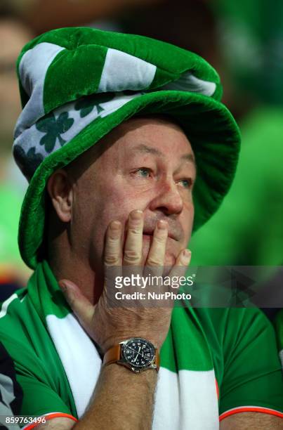 Republic of Ireland Fans look stress in the last Ten minutes during FIFA World Cup group qualifier match between Wales and Republic of Ireland at the...