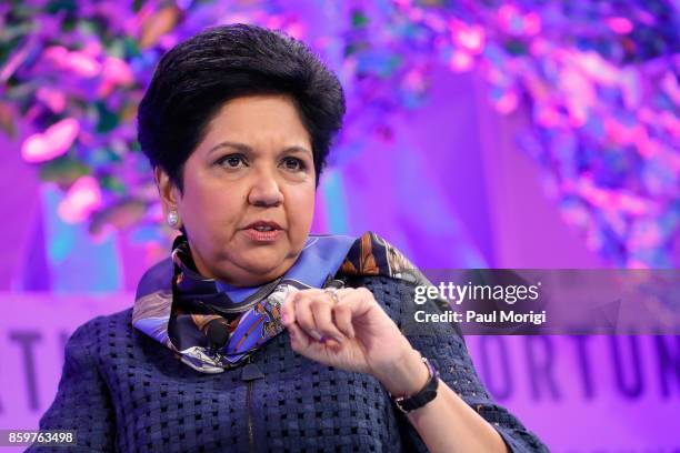 Pepsi Chairman and CEO Indra Nooyi speaks onstage at the Fortune Most Powerful Women Summit - Day 2 on October 10, 2017 in Washington, DC.