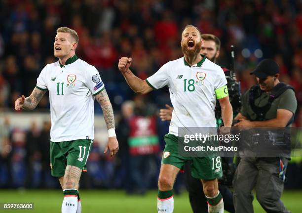 James McClean of Republic of Ireland and David Meyler of Republic of Ireland celebratees during World Cup Qualifying - European Group D match between...