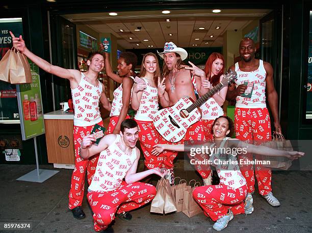 The Naked Cowboy, Robert Burck, gets dressed in PJs and hands out condoms with models at The Body Shop and MTV Networks' "Say Yes, Yes, Yes" to Safe...