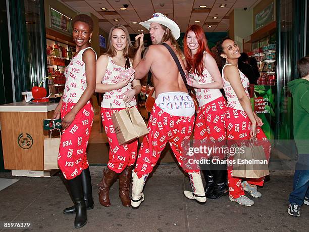 The Naked Cowboy, Robert Burck, gets dressed in PJs and hands out condoms with models at The Body Shop and MTV Networks' "Say Yes, Yes, Yes" to Safe...