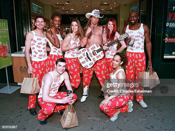 The Naked Cowboy, Robert Burck, gets dressed in PJs and hands out condoms with models at The Body Shop and MTV Networks' "Say Yes, Yes, Yes" to Safe...