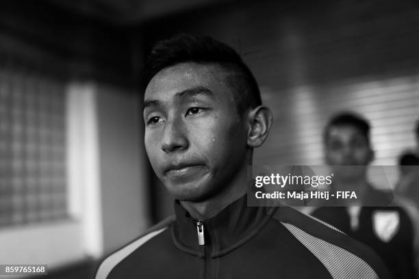 Boris Thangjam of India looks on prior the FIFA U-17 World Cup India 2017 group A match between India and Colombia at Jawaharlal Nehru Stadium on...