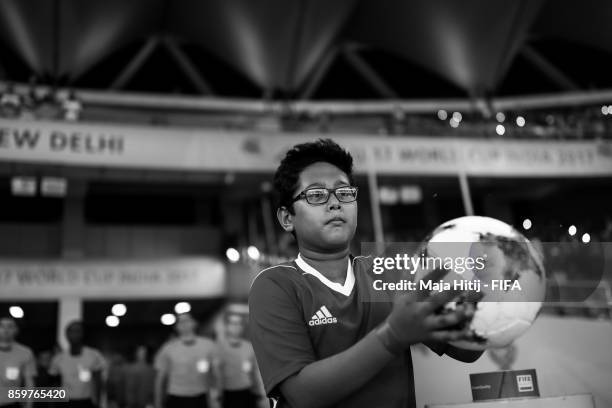 Ball boy takes a ball prior the FIFA U-17 World Cup India 2017 group A match between India and Colombia at Jawaharlal Nehru Stadium on October 9,...