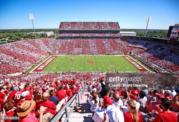 General view of the stadium during the Iowa State game at Gaylord Family Oklahoma Memorial Stadium on October 7, 2017 in Norman, Oklahoma. Iowa State...