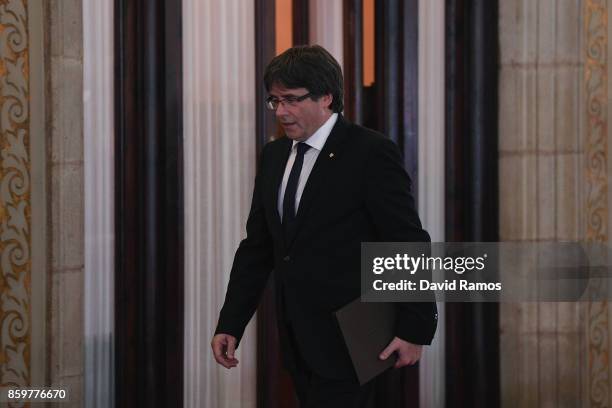 President of Catalonia, Carles Puigdemont, arrives at the Palau del Parlament de Catalunya ahead of his address to the Catalan Parliament on October...