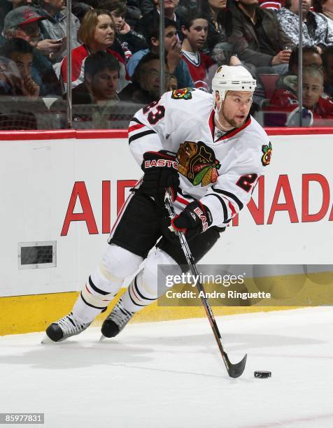 Aaron Johnson of the Chicago Blackhawks skates against the Montreal Canadiens at the Bell Centre on March 31, 2009 in Montreal, Quebec, Canada.