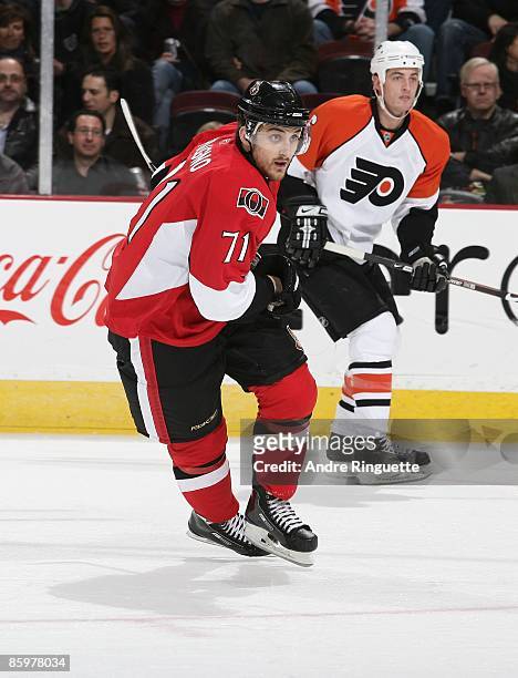 Nick Foligno of the Ottawa Senators skates against the Philadelphia Flyers at Scotiabank Place on April 4, 2009 in Ottawa, Ontario, Canada.