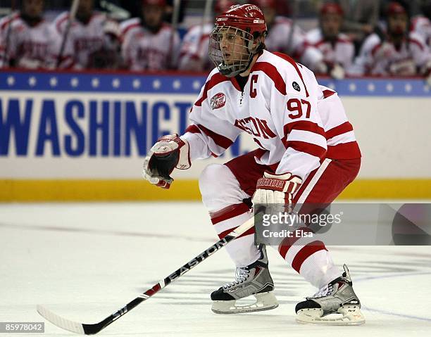 Matt Gilroy of the Boston Terriers plays defense against the Miami Red Hawks during the NCAA Men's Frozen Four Championship game on April 11, 2009 at...