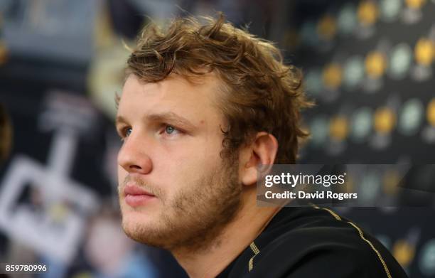 Joe Launchbury faces the media during the Wasps media session held at their training venue on October 10, 2017 in Coventry, England.