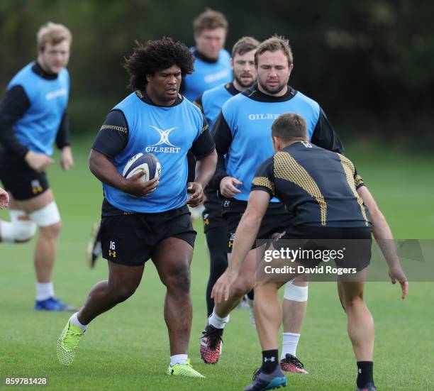 Ashley Johnson runs with the ball during the Wasps training session held at their training venue on October 10, 2017 in Coventry, England.