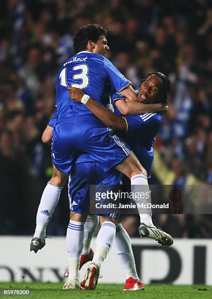 Didier Drogba and Michael Ballack of Chelsea celebrate the goal scored by Alex of Chelsea during the UEFA Champions League Quarter Final Second Leg...