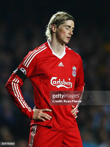 Fernando Torres of Liverpool looks dejected during the UEFA Champions League Quarter Final Second Leg match between Chelsea and Liverpool at Stamford...