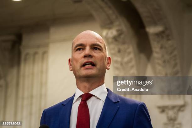 Parliamentary leader of the ChristianUnion , Gert-Jan Segers makes a speech during the presentation of new government agreement in The Hague,...