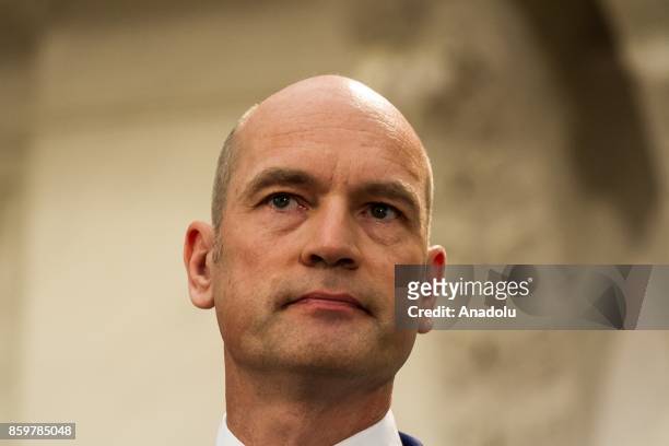 Parliamentary leader of the ChristianUnion , Gert-Jan Segers makes a speech during the presentation of new government agreement in The Hague,...