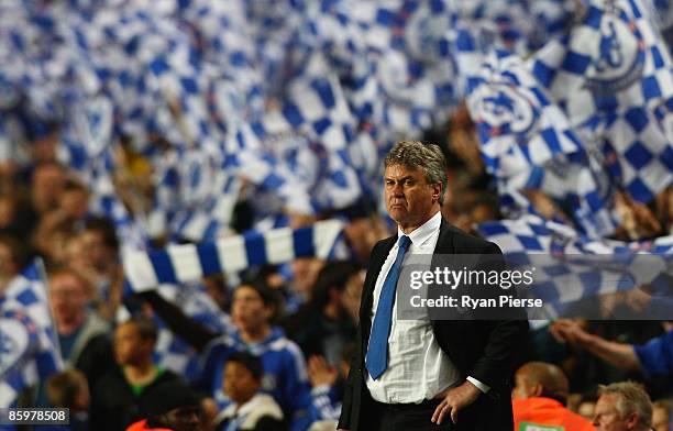 Manager of Chelsea Guus Hiddink looks on after the UEFA Champions League Quarter Final Second Leg match between Chelsea and Liverpool at Stamford...