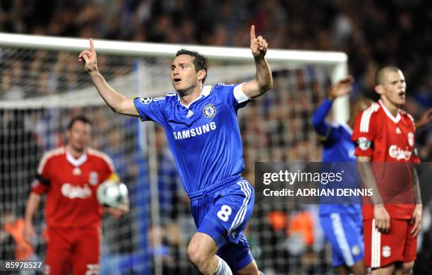 Chelsea's Frank Lampard celebrates scoring his teams' third goal against Liverpool during the UEFA Champions League quarter-final second leg football...