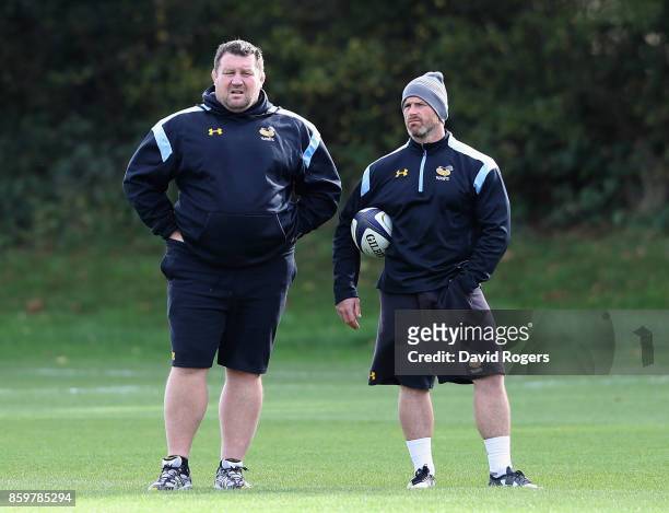 Dai Young, the Wasps director of rugby looks on with forwards coach Andy Titterrell during the Wasps training session held at their training venue on...