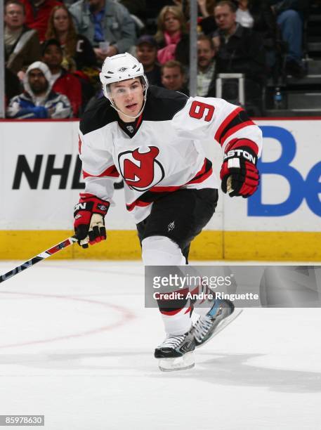 Zach Parise of the New Jersey Devils skates against the Ottawa Senators at Scotiabank Place on April 9, 2009 in Ottawa, Ontario, Canada.